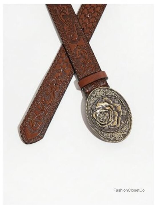 Women\'s Western Cowgirl Belt with Oval Metal Buckle Faux Leather Embossed